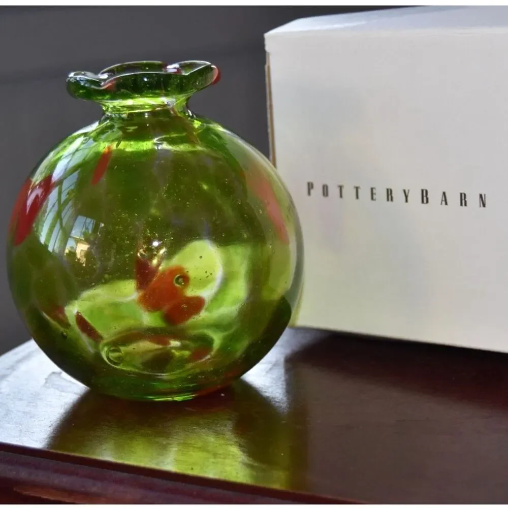 Pottery Barn Hand Blown Art Glass Bud Vase Green Red Polka Dot Ruffled 5”